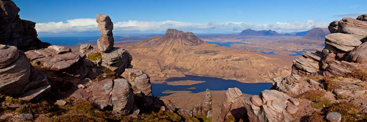 View from summit of Sgorr Tuath towards Stac Pollaidh, Coigach and Assynt, Wester Ross, Scotland